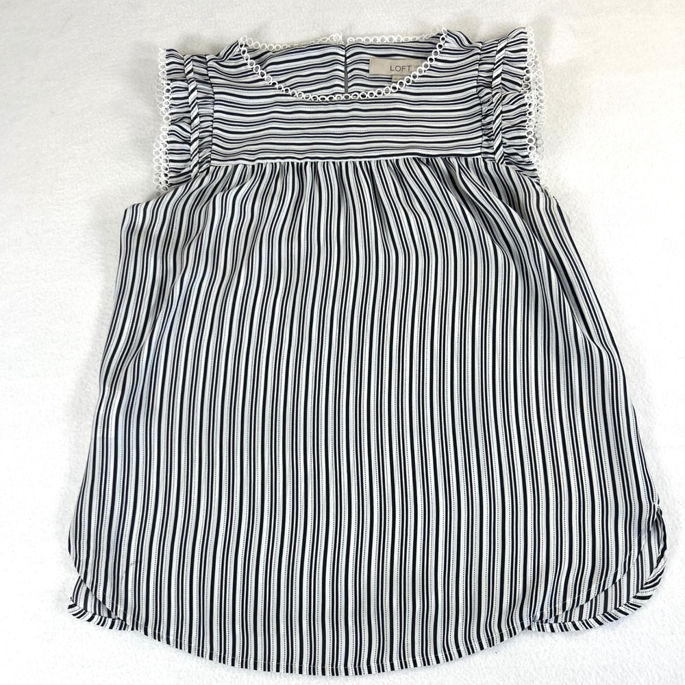LOFT Striped Ruffle Sleeve Top Women SP Black‎ White Casual